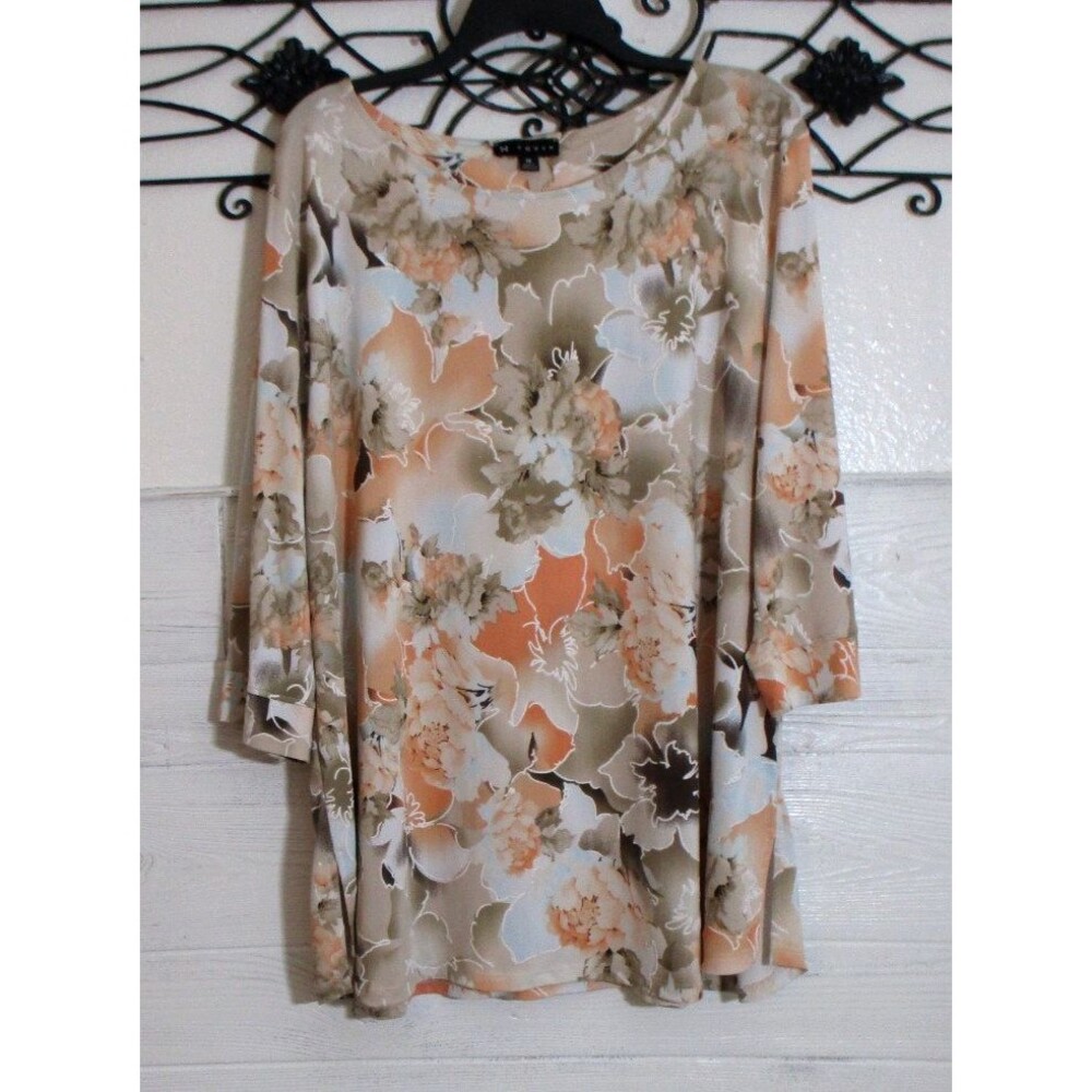 N Touch Knit Top Women's Size 1X Long Sleeve Multicolor Floral Round Neck